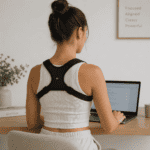 someone using a posture corrector while working remotely